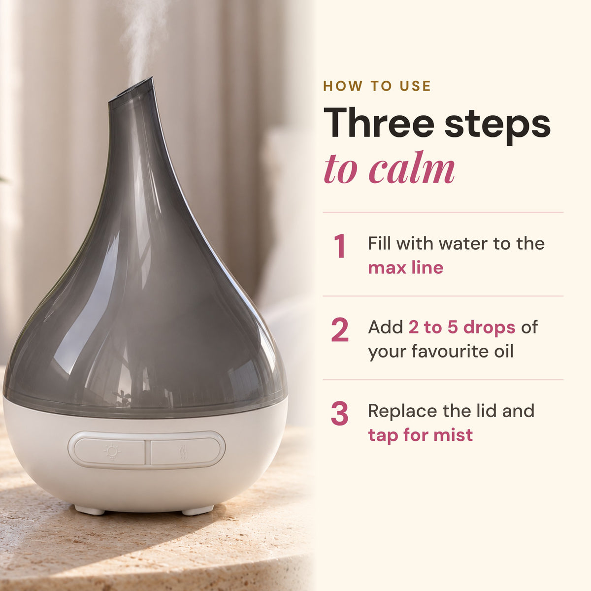 How to use the Aroma-Bloom diffuser in three steps with 2 to 5 drops of essential oil