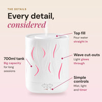 Aroma-Cloud details: top fill so you pour water straight in, 700ml tank, wave cut-outs that the light glows through, and simple mist, light and timer controls