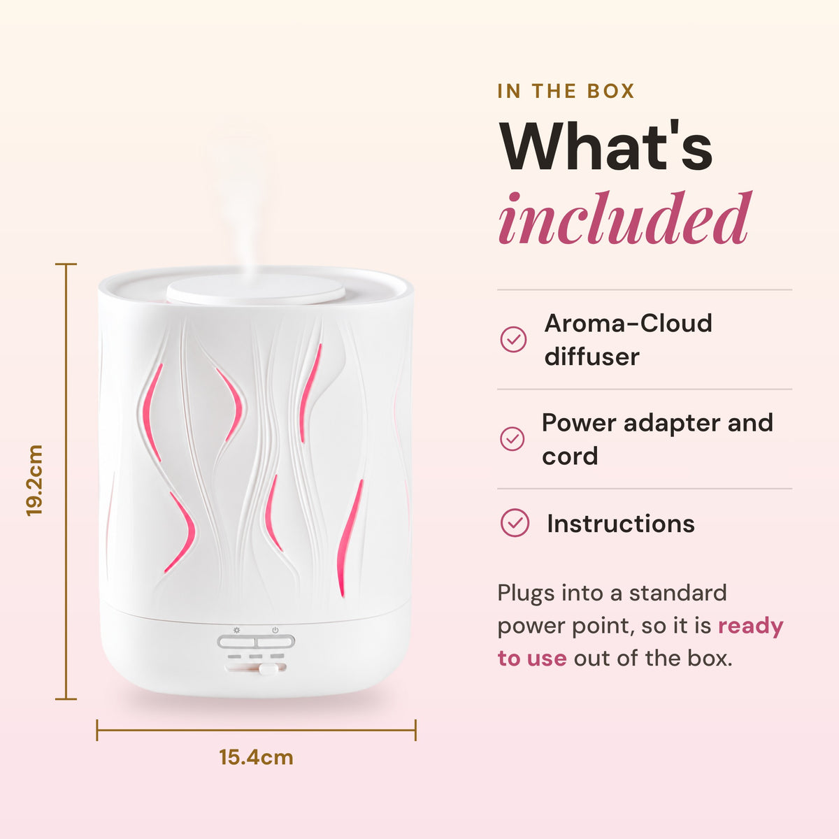 What's included with the Aroma-Cloud diffuser: the diffuser, power adapter and cord, and instructions, with dimensions of 19.2cm high by 15.4cm wide