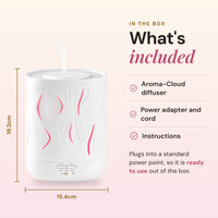 What's included with the Aroma-Cloud diffuser: the diffuser, power adapter and cord, and instructions, with dimensions of 19.2cm high by 15.4cm wide