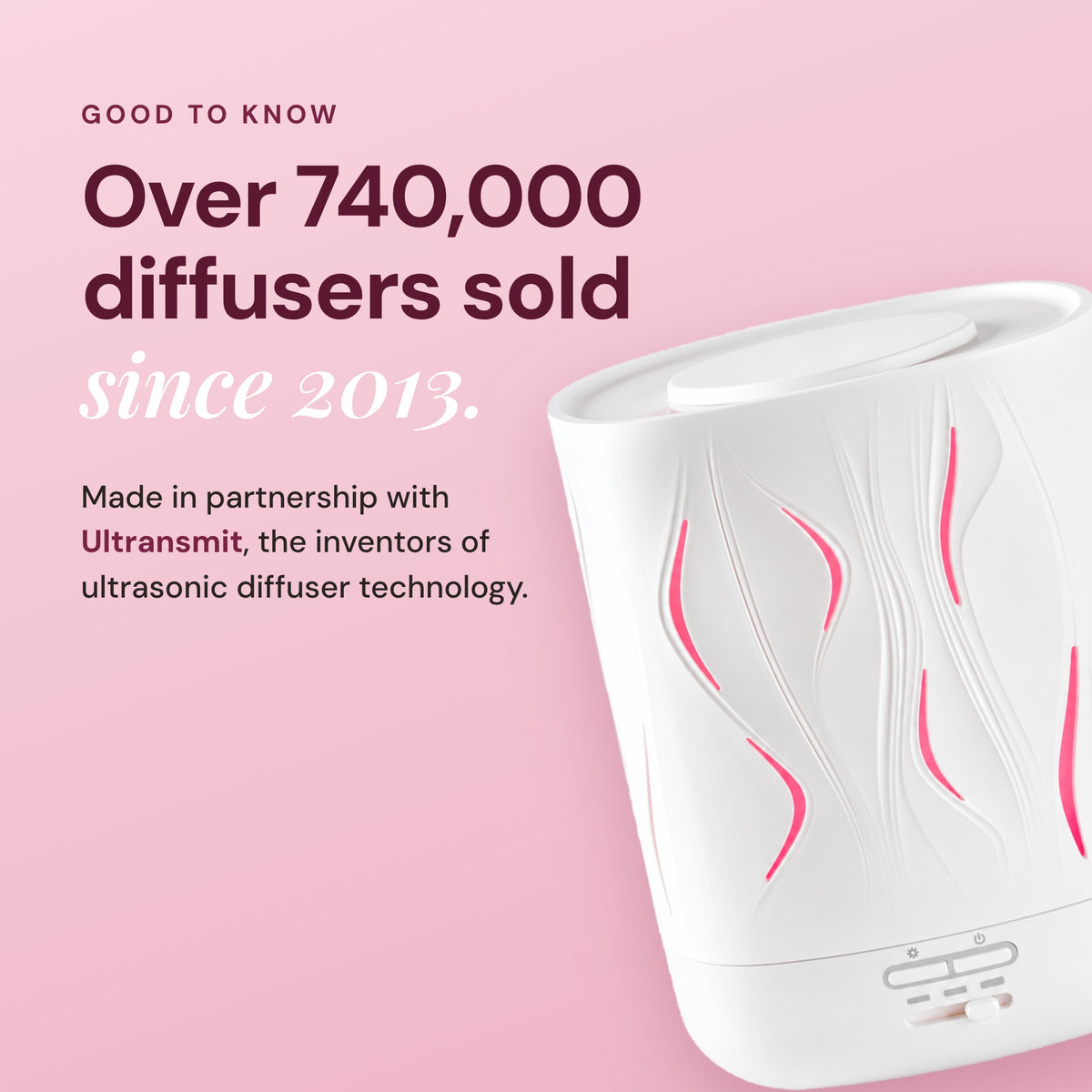 White Aroma-Cloud diffuser glowing pink, with the text Over 740,000 diffusers sold since 2013, made in partnership with Ultransmit