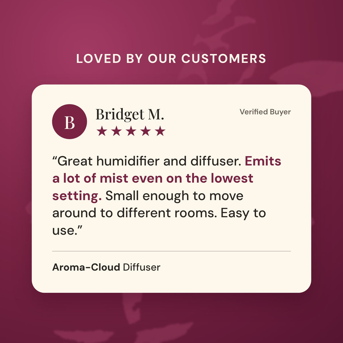 Five star customer review of the Aroma-Cloud Diffuser from Bridget M.: great humidifier and diffuser, emits a lot of mist even on the lowest setting