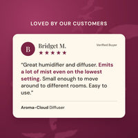Five star customer review of the Aroma-Cloud Diffuser from Bridget M.: great humidifier and diffuser, emits a lot of mist even on the lowest setting