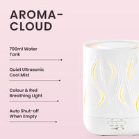 Aroma-Cloud Humidifier Diffuser key features: 700ml water tank, quiet ultrasonic cool mist, colour and red breathing light, auto shut-off when empty