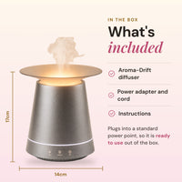 What's included with the Aroma-Drift diffuser: the diffuser, power adapter and cord, and instructions, with dimensions of 17cm high by 14cm wide