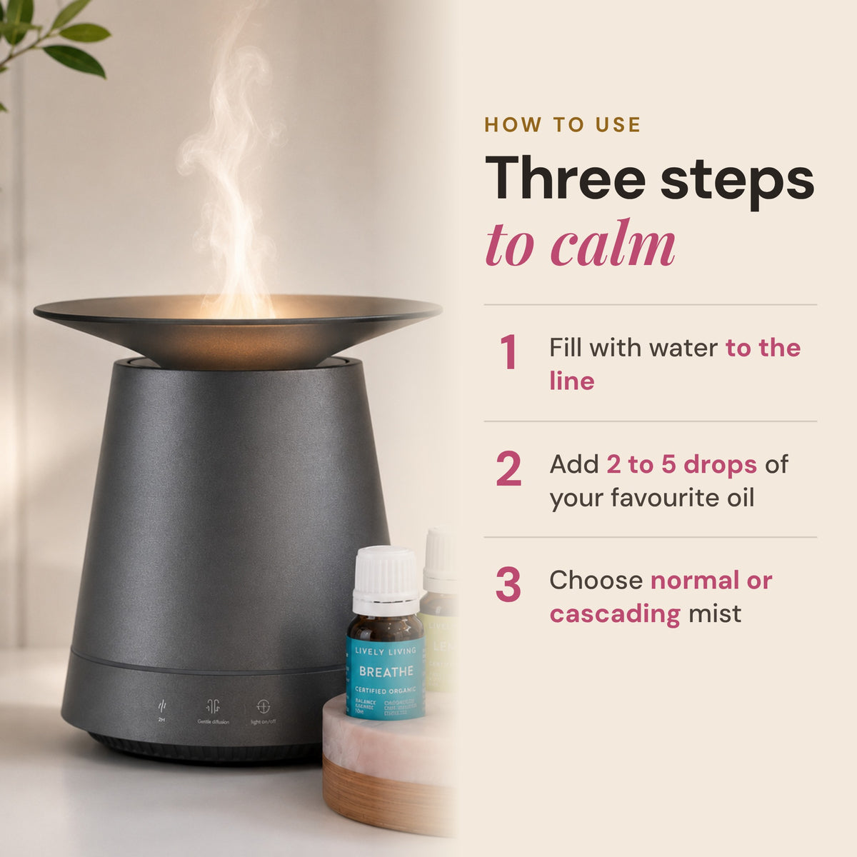 Aroma-Drift diffuser releasing mist beside a bottle of Lively Living essential oil, with three steps: fill with water to the line, add 2 to 5 drops of oil, choose normal or cascading mist