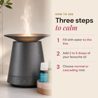 Aroma-Drift diffuser releasing mist beside a bottle of Lively Living essential oil, with three steps: fill with water to the line, add 2 to 5 drops of oil, choose normal or cascading mist