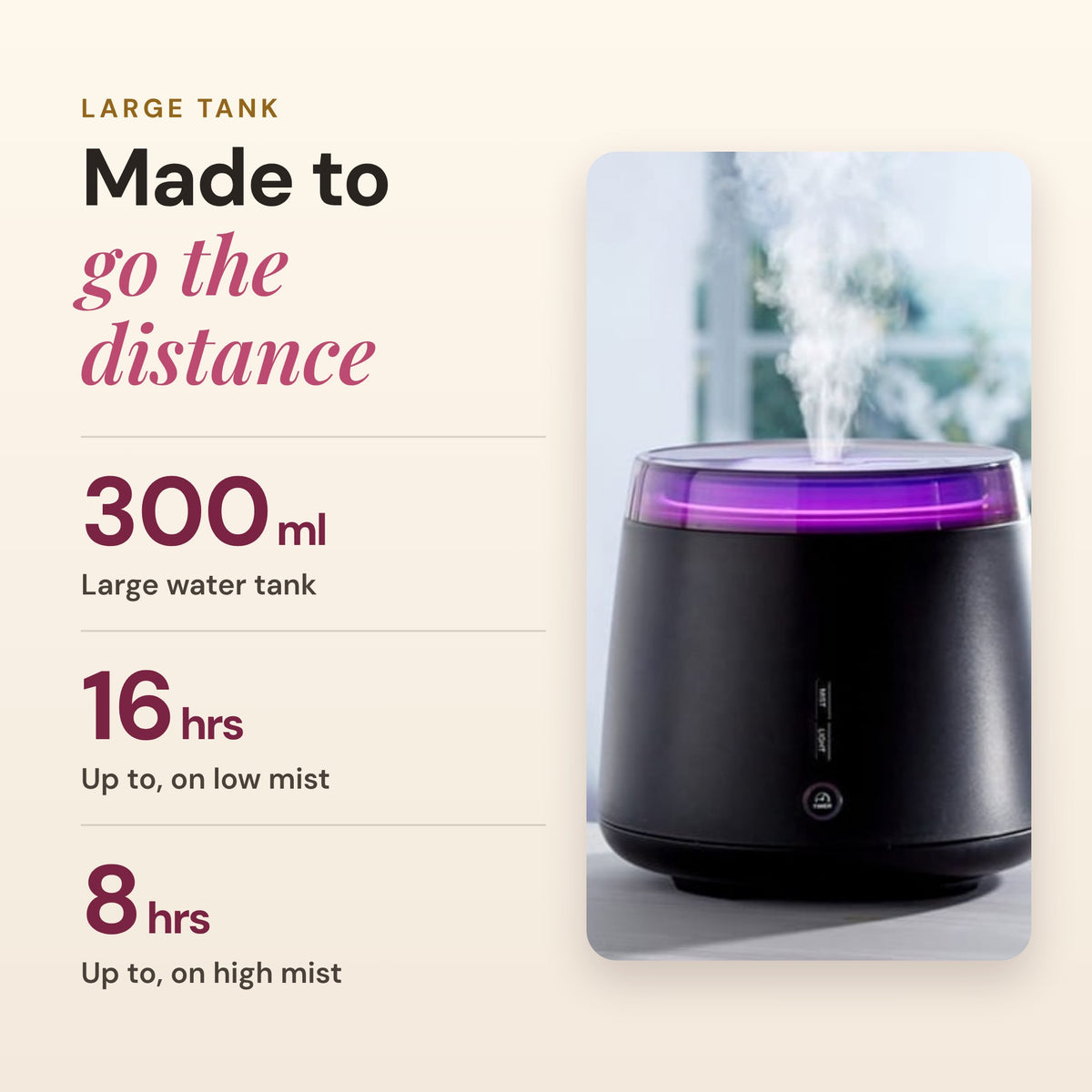 Aroma-Elm diffuser in black glowing purple and releasing mist: 300ml water tank, up to 16 hours on low mist and 8 hours on high