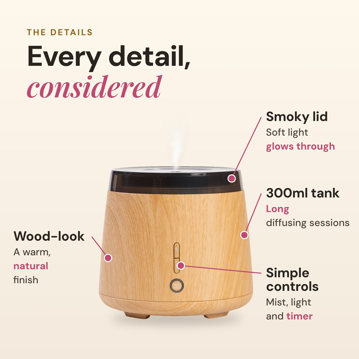 Aroma-Elm diffuser details: smoky lid that lets soft light glow through, 300ml tank, wood-look finish, and simple controls for mist, light and timer