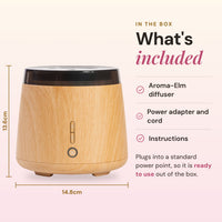 What's included with the Aroma-Elm diffuser: the diffuser, power adapter and cord, and instructions, with dimensions of 13.6cm high by 14.8cm wide