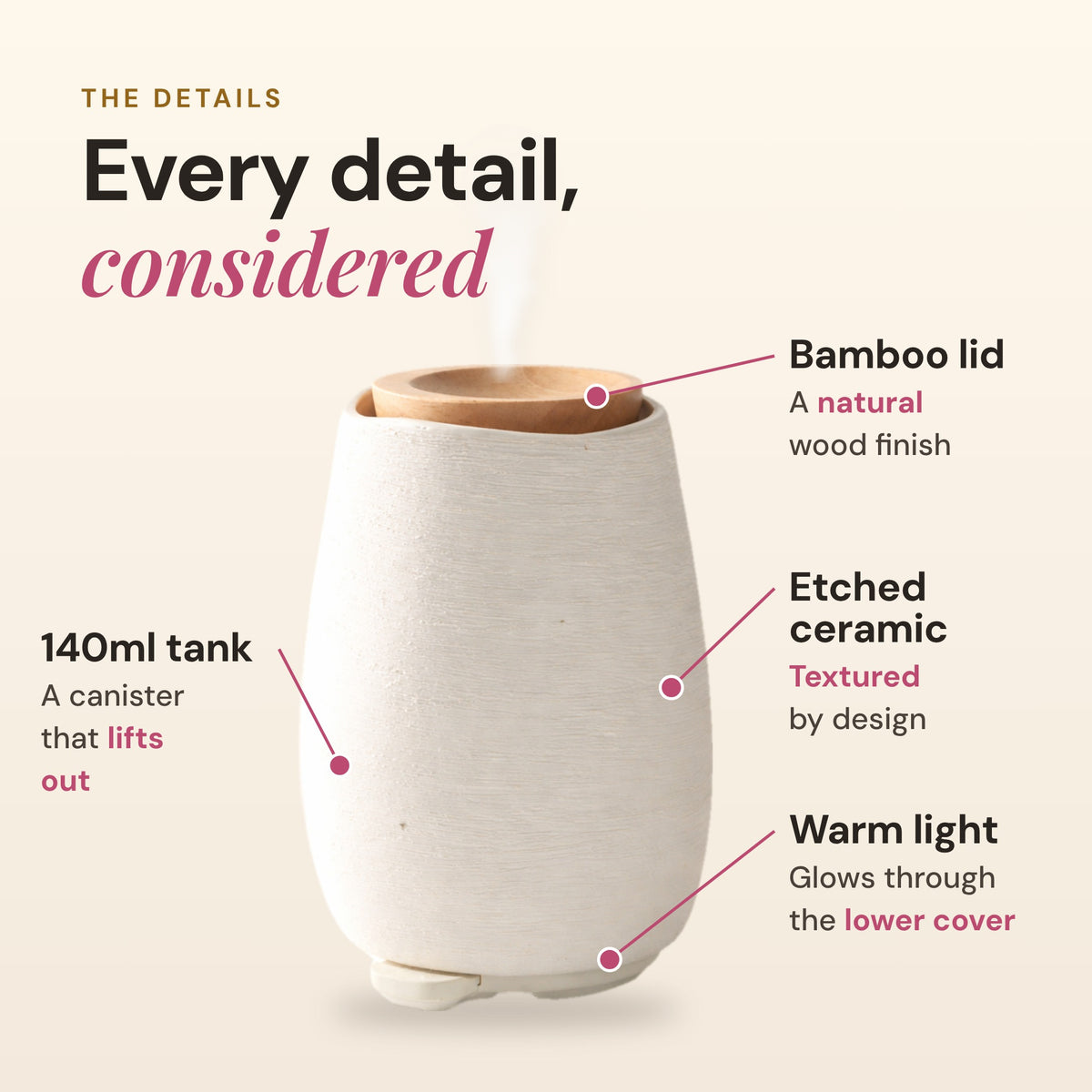 Aroma-Fern diffuser details: natural bamboo lid, textured etched ceramic, 140ml lift-out canister and a warm light that glows through the lower cover