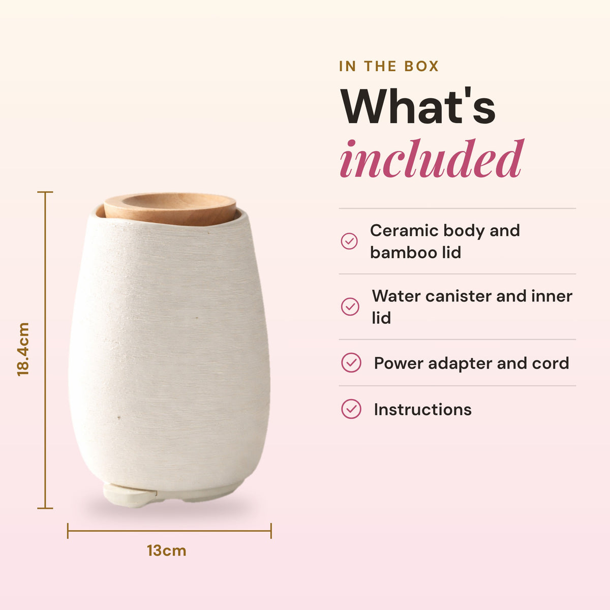 What's included with the Aroma-Fern diffuser: ceramic body and bamboo lid, water canister and inner lid, power adapter and cord, and instructions, with dimensions of 18.4cm high by 13cm wide