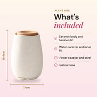 What's included with the Aroma-Fern diffuser: ceramic body and bamboo lid, water canister and inner lid, power adapter and cord, and instructions, with dimensions of 18.4cm high by 13cm wide