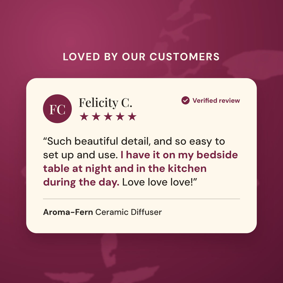Verified five star customer review of the Aroma-Fern Ceramic Diffuser from Felicity C.: such beautiful detail and so easy to set up and use