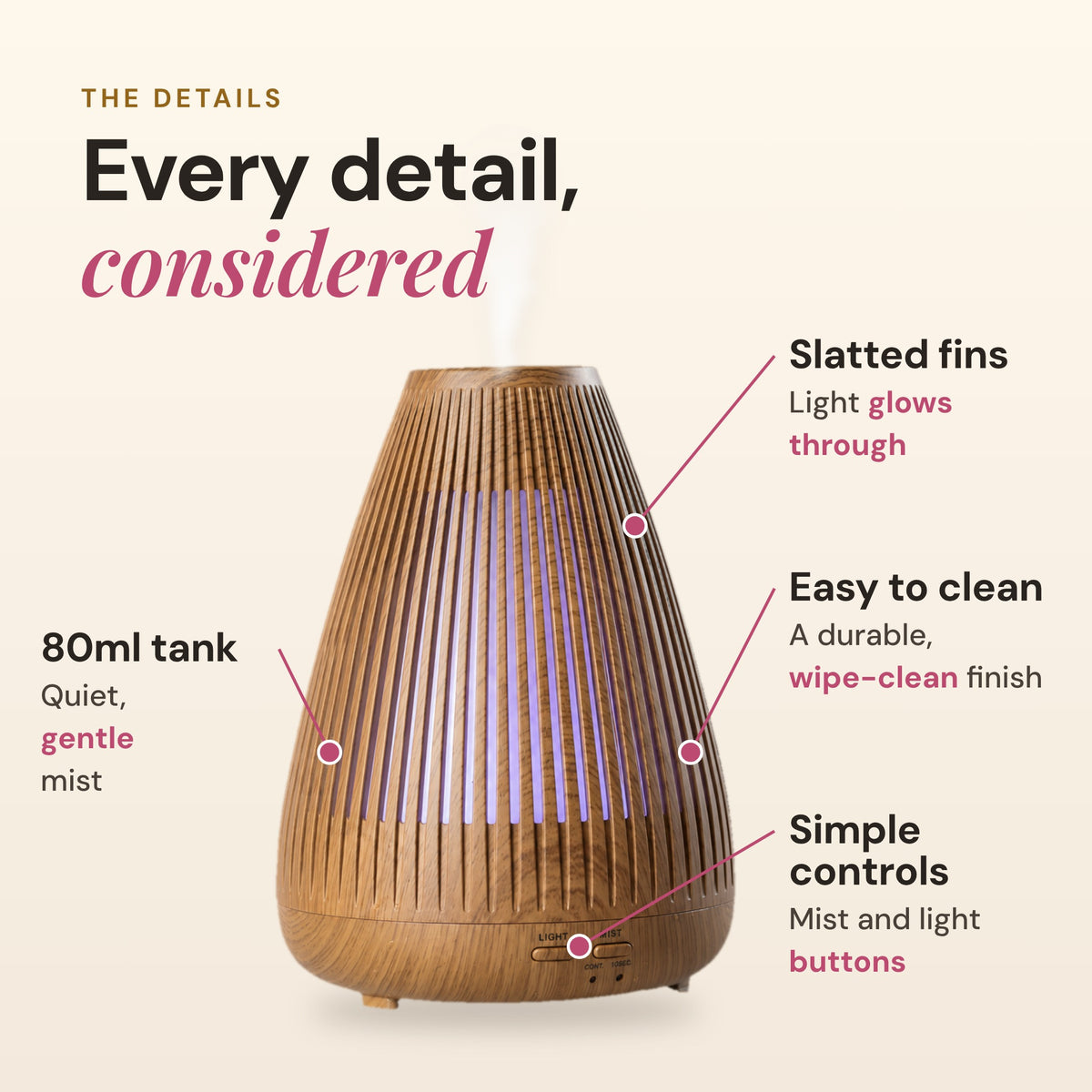 Aroma-Flare details: slatted fins that let light glow through, 80ml tank with quiet mist, durable wipe-clean finish and simple mist and light buttons
