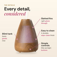 Aroma-Flare details: slatted fins that let light glow through, 80ml tank with quiet mist, durable wipe-clean finish and simple mist and light buttons