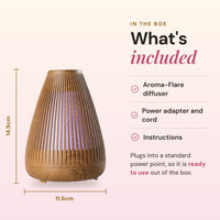 What's included with the Aroma-Flare diffuser: the diffuser, power adapter and cord, and instructions, with dimensions of 14.5cm high by 11.5cm wide