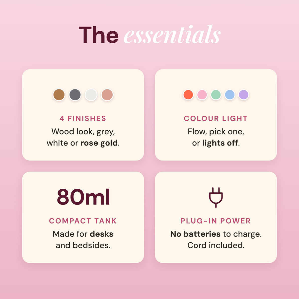 Aroma-Flare essentials: 4 finishes, colour light, compact 80ml tank and plug-in power with cord included