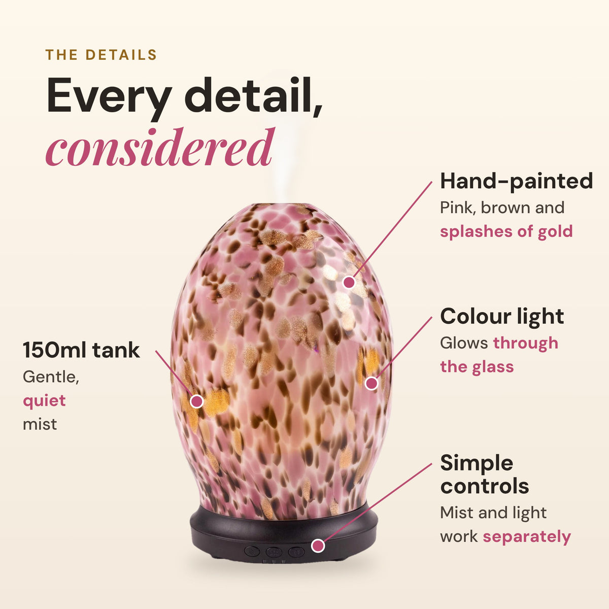 Aroma-Jewel details: hand-painted pink, brown and gold glass, 150ml tank with quiet mist, colour light that glows through the glass, and simple mist and light controls