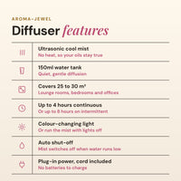 Aroma-Jewel diffuser features list: ultrasonic cool mist, 150ml tank, covers 25 to 30 square metres, up to 4 hours continuous, colour changing light, auto shut-off and plug-in power