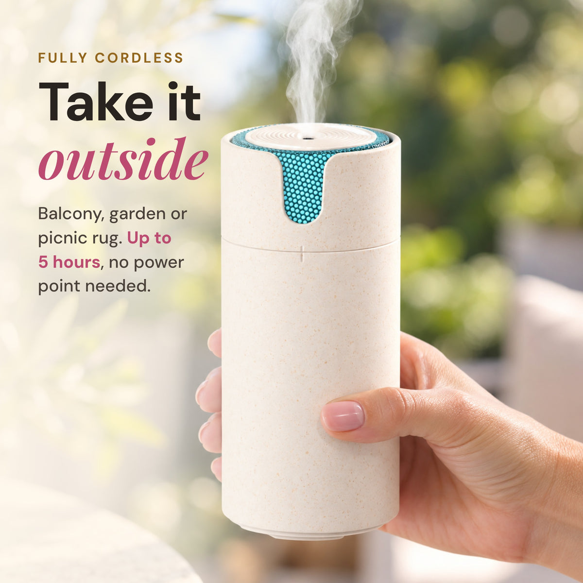 Aroma-Recharge cordless diffuser used outdoors