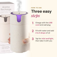 How to use the Aroma-Recharge cordless diffuser with 2 to 5 drops of essential oil
