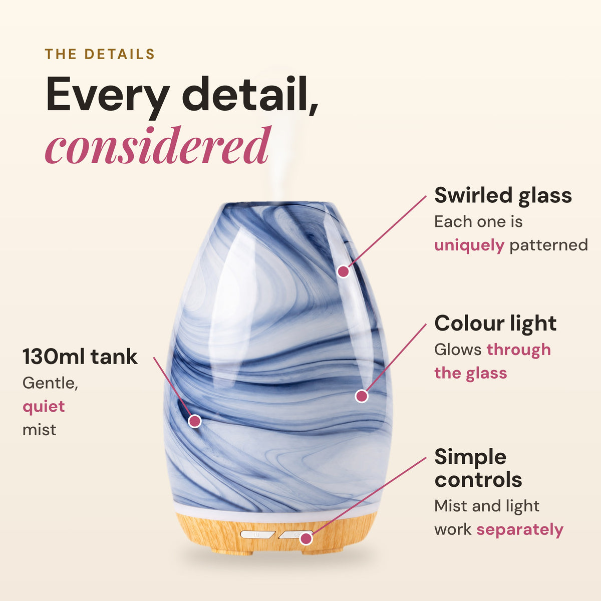 Aroma-Swirl details: swirled glass with each one uniquely patterned, 130ml tank with quiet mist, colour light that glows through the glass, and simple mist and light controls