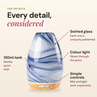 Aroma-Swirl details: swirled glass with each one uniquely patterned, 130ml tank with quiet mist, colour light that glows through the glass, and simple mist and light controls