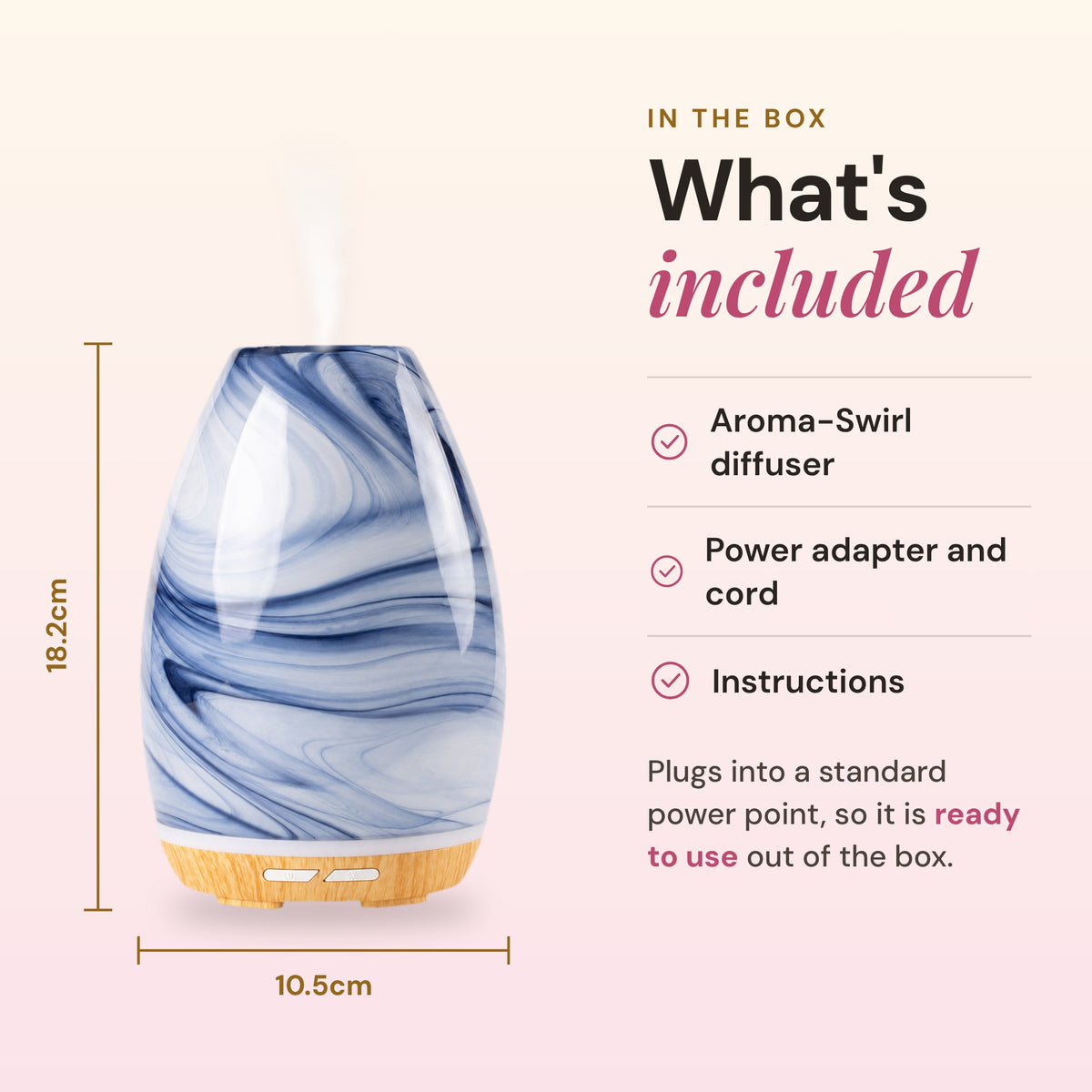 What's included with the Aroma-Swirl diffuser: the blue swirl glass diffuser, power adapter and cord, and instructions, with dimensions of 18.2cm high by 10.5cm wide