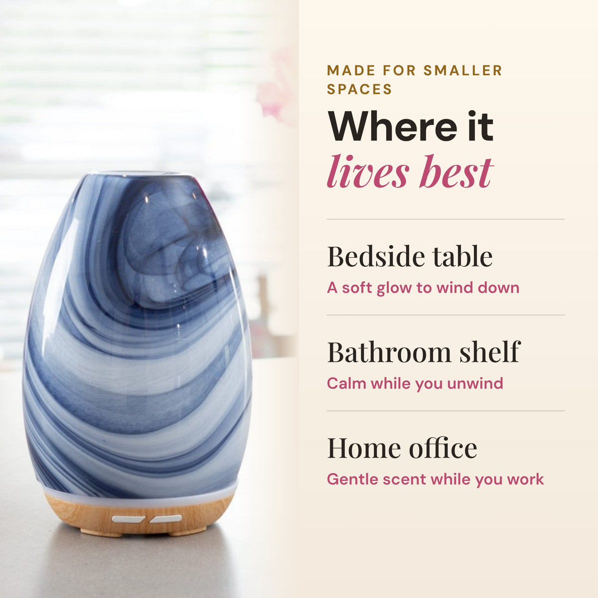 Aroma-Swirl blue swirl glass diffuser made for smaller spaces: bedside table, bathroom shelf or home office