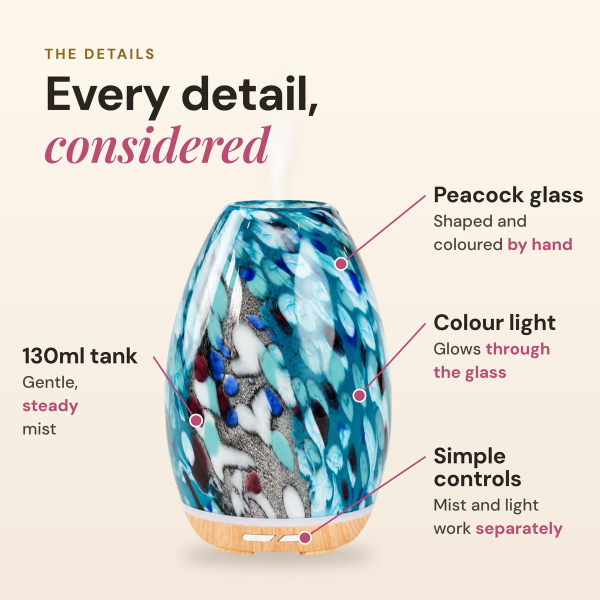 Aroma-Swish details: peacock glass shaped and coloured by hand, 130ml tank with gentle steady mist, colour light that glows through the glass, and simple mist and light controls