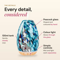 Aroma-Swish details: peacock glass shaped and coloured by hand, 130ml tank with gentle steady mist, colour light that glows through the glass, and simple mist and light controls