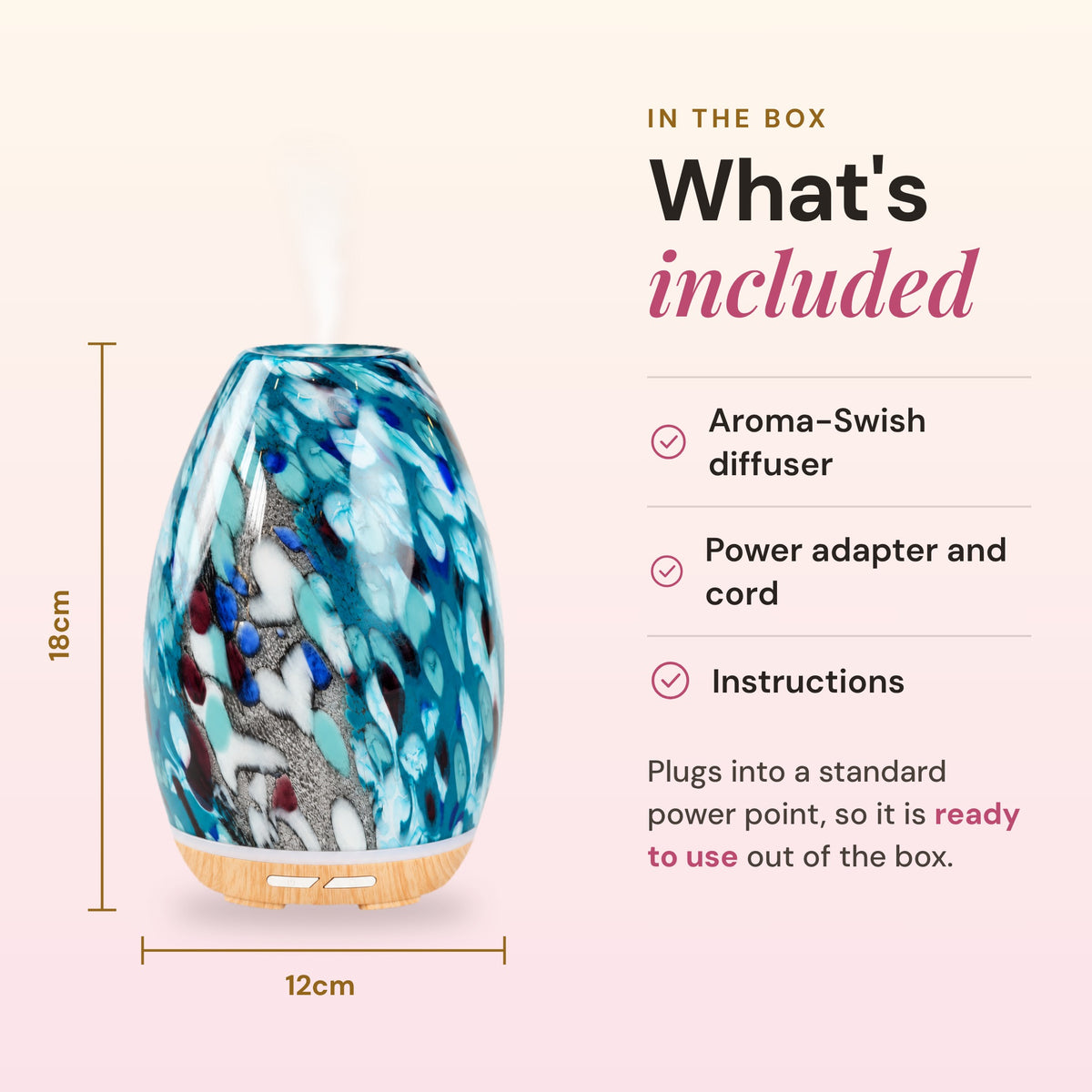 What's included with the Aroma-Swish diffuser: the peacock glass diffuser, power adapter and cord, and instructions, with dimensions of 18cm high by 12cm wide