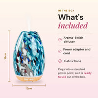 What's included with the Aroma-Swish diffuser: the peacock glass diffuser, power adapter and cord, and instructions, with dimensions of 18cm high by 12cm wide