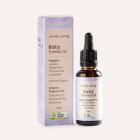 Baby Tummy Oil bottle and packaging with lavender design on a white background