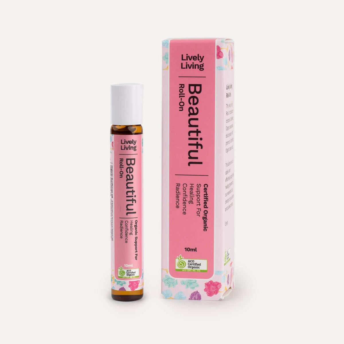 Lively Living 'Beautiful' roll-on bottle and packaging on a white background