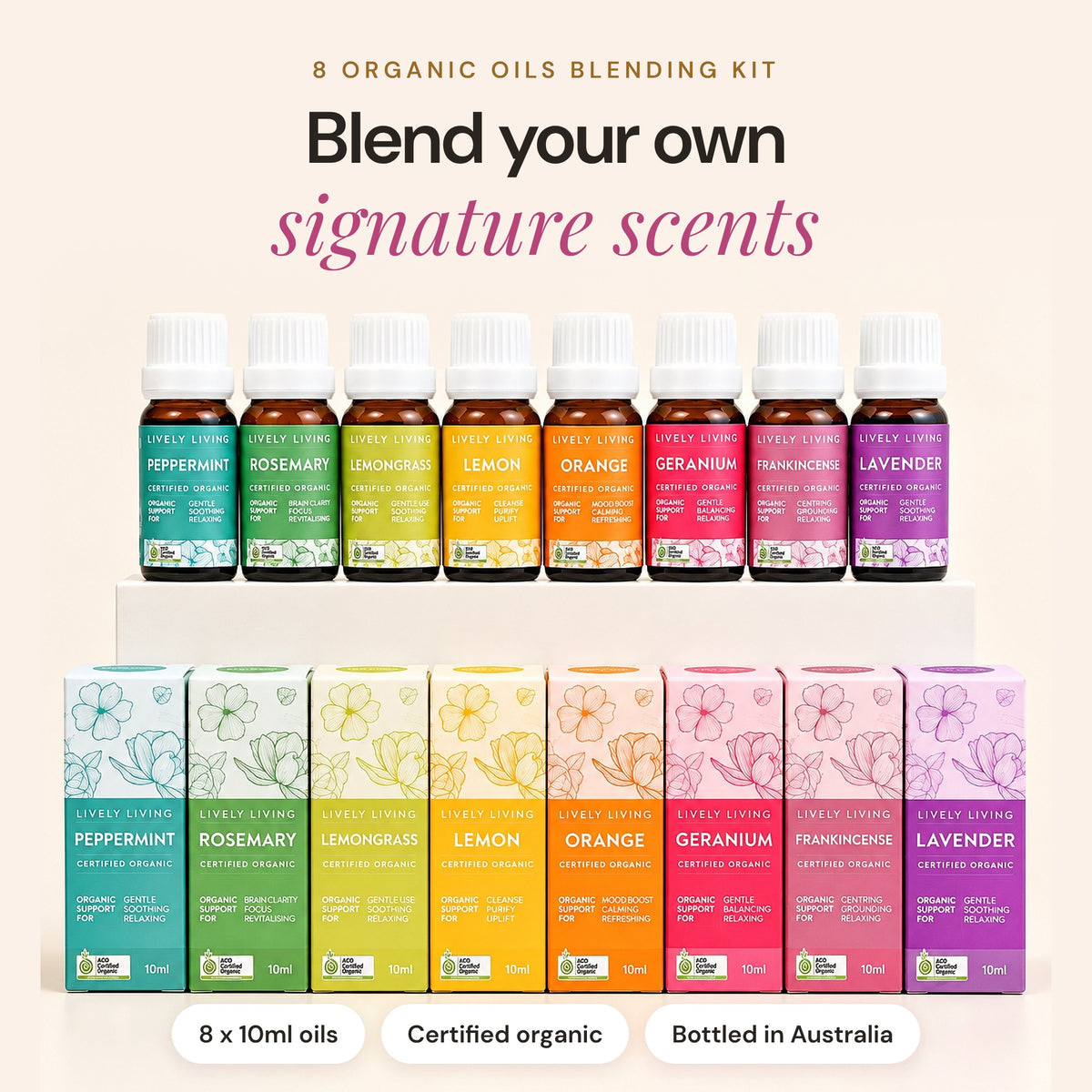 8x Essential Oil Blending Starter Kit: eight Lively Living certified organic 10ml oils, Peppermint, Rosemary, Lemongrass, Lemon, Orange, Geranium, Frankincense and Lavender, above their boxes, with the headline Blend your own signature scents
