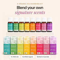 8x Essential Oil Blending Starter Kit: eight Lively Living certified organic 10ml oils, Peppermint, Rosemary, Lemongrass, Lemon, Orange, Geranium, Frankincense and Lavender, above their boxes, with the headline Blend your own signature scents