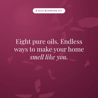 8 Oils Blending Kit statement card in burgundy reading Eight pure oils. Endless ways to make your home smell like you.