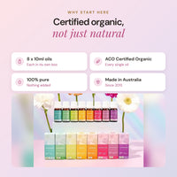 8 Oils Blending Kit, certified organic not just natural: 8 x 10ml oils, ACO Certified Organic, 100% pure and made in Australia, with the bottles and flowers on a white stand