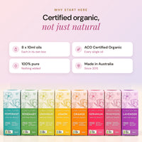 8 Oils Blending Kit, certified organic not just natural: 8 x 10ml oils, ACO Certified Organic, 100% pure and made in Australia, with the eight oil boxes lined up below