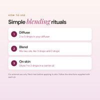 How to use the 8 Oils Blending Kit: diffuse 2 to 5 drops, blend two oils, or dilute 1 to 2 drops in a carrier oil for use on skin