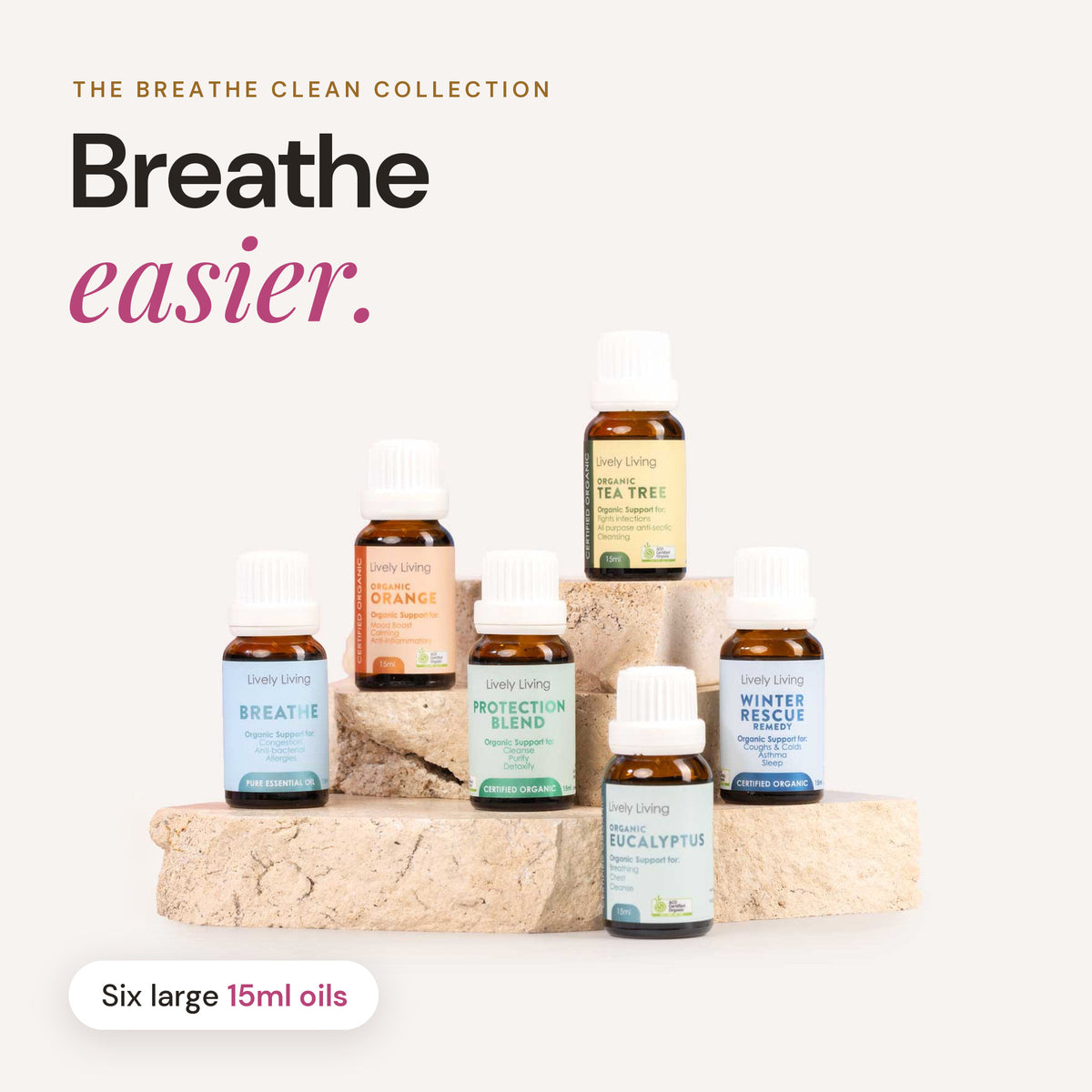 Breathe Clean Essential Oil Collection, six pure and organic 15ml oils