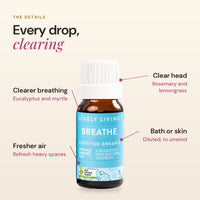 Breathe 10ml essential oil details: clearer breathing, fresher air, clear head, bath or skin