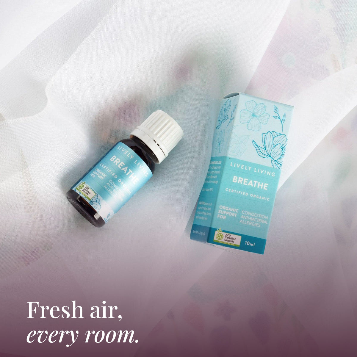 Breathe 10ml oil and box on soft white sheer fabric: fresh air, every room