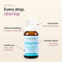 Breathe essential oil details: clearer breathing, fresher air, clear head and shower steam