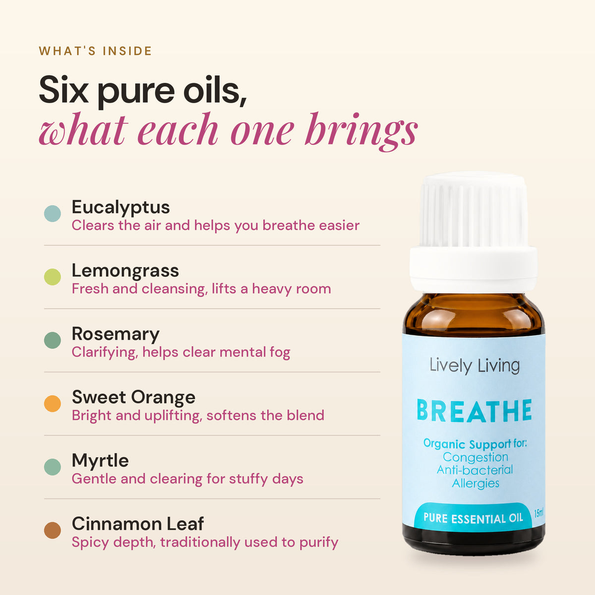 What's inside Breathe: eucalyptus, lemongrass, rosemary, sweet orange, myrtle and cinnamon leaf, and what each oil brings