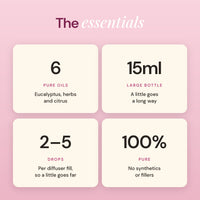 Breathe essentials: 6 pure oils, 15ml bottle, 2 to 5 drops, 100% pure