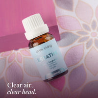 Breathe 15ml pure essential oil on pink and floral fabric: clear air, clear head