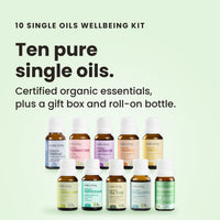 10 Single Oils Wellbeing Kit: ten pure certified organic single oils, Vetiver, Frankincense, Lavender, Orange, Lemon, Lemongrass, Peppermint, Tea Tree, Eucalyptus and Rosemary, plus a gift box and roll-on bottle
